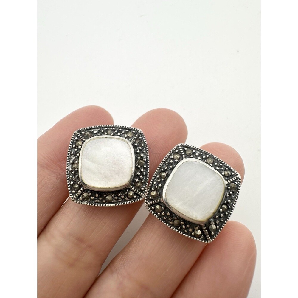 Sterling Silver Mother Of Pearl Marcasite Square Earrings
